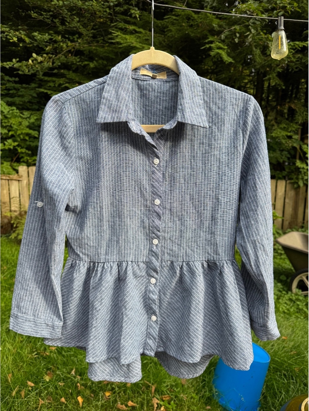 Love Notes Women's Medium Blue Pinstripe Button-Up Peplum Shirt
